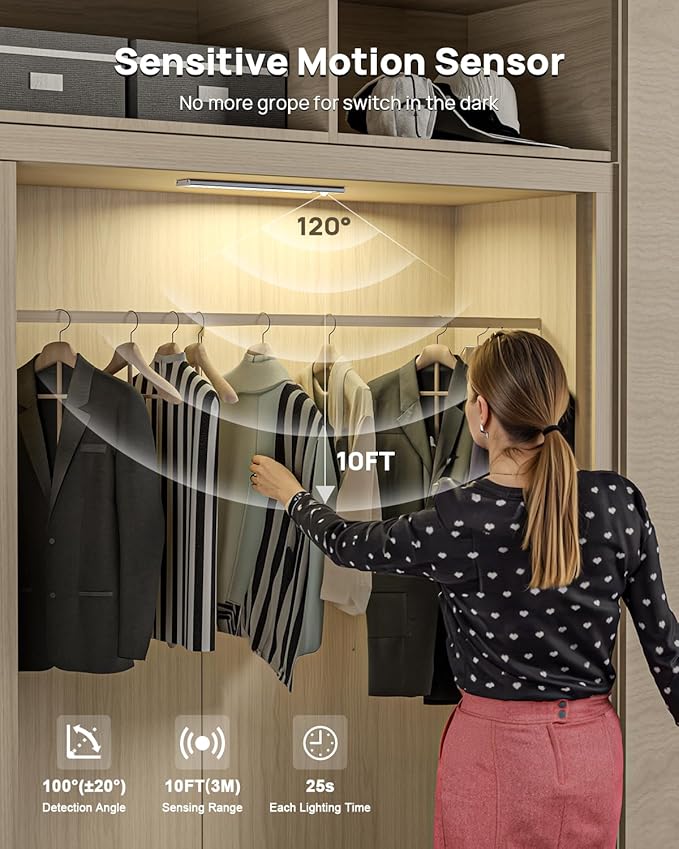 Under Cabinet Lighting with Remote Control,USB Rechargeable 180 Lumen Motion Sensor Light Indoor,Magnetic Wireless Under Counter Light,3 Color Dimmable Closet Lights for Kitchen, Pantry, Stair, 6 Pack