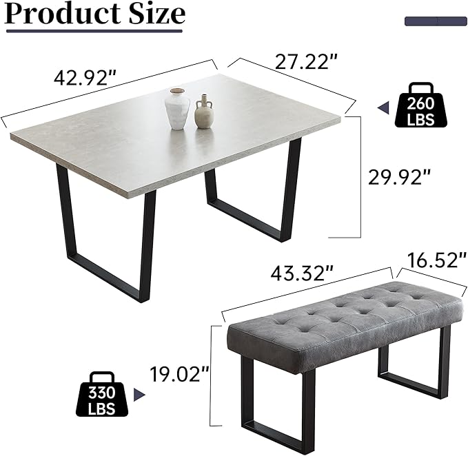 3 Piece Dining Table Set with Bench, 42.9 Inch Modern Kitchen Table with Right Seat Corner and 43.3 Inch Bench for Family Dining Room Furniture