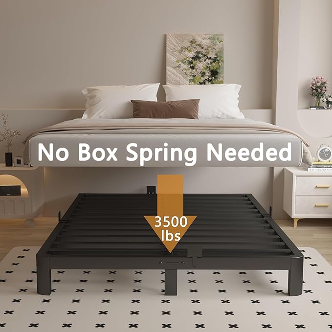 6 Inch King Size Bed Frame with Metal Gaskets, Black Bed Frame King Size No Box Spring Needed, Heavy Duty Steel Platform Support, Round Corner Design, Reserved Holes, Noiseless, Easy Assembly