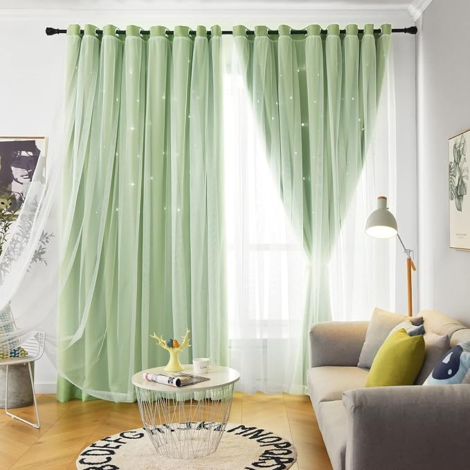 Star Curtains Double Layer Blackout Curtains for Bedroom Kids Curtains 63 Inches Long 2 Panels Set, Green 42 X 63 Inches