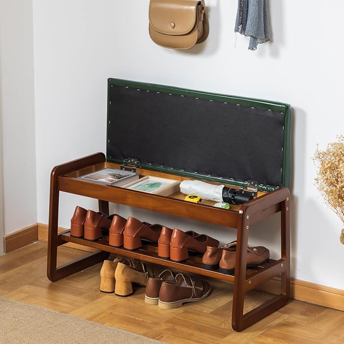 latifolia Solid Wood Bench, Entryway Shoe Bench with Cushion, Flip-Open Storage Compartment, 2-Tier Shoe Organizer(Green,31.50''L)