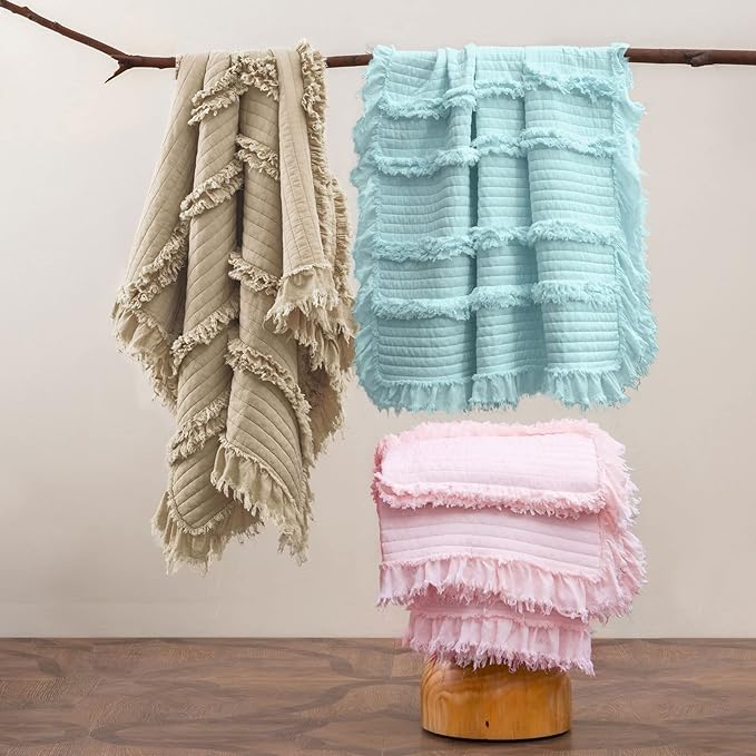 Ultra Soft Pre-Washed Quilted Boho Throw Blanket, Ruffle Fringed Beige Decorative Throw, Stone Washed Chic Rustic Blanket for Sofa Couch Bed Chair, 50"x 60"