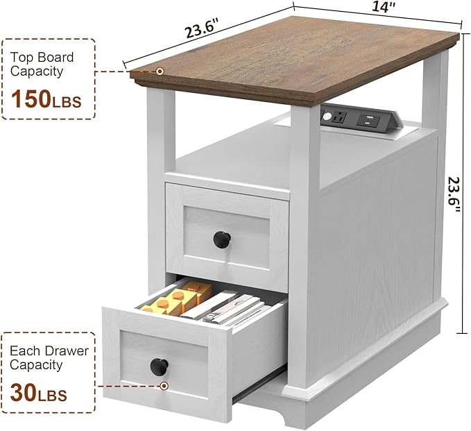 HIFYOBRO Narrow End Table with Flip Top Charging Station and 2 Drawers, Type-C & USB Port & Power outlets, Wooden Storage Cabinet, Side Table with Storage for Living Room and Bedroom (White)