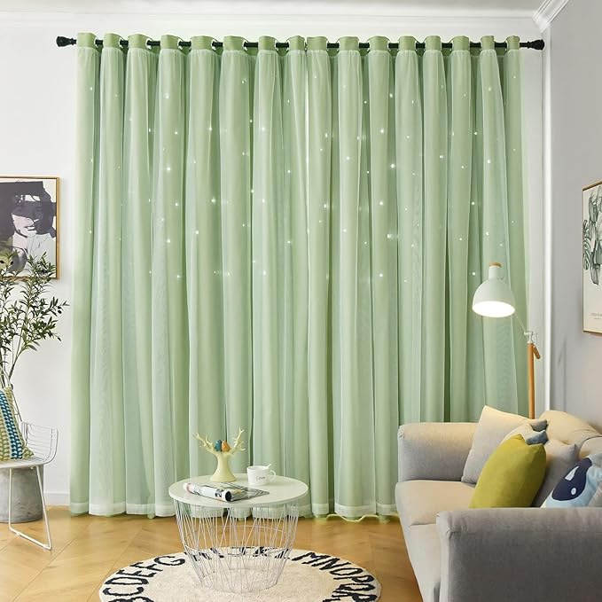Star Curtains Double Layer Blackout Curtains for Bedroom Kids Curtains 63 Inches Long 2 Panels Set, Green 42 X 63 Inches