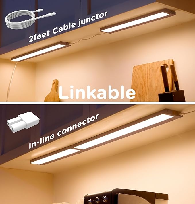 24 Inch Under Cabinet Lighting Plug in, 14W 120V 3 Color 3000K/4000K/5000K, 3 Brightness, Super Bright, Ultra Thin Under Counter Lights for Kitchen, Linkable LED Cabinet Light, Bronze