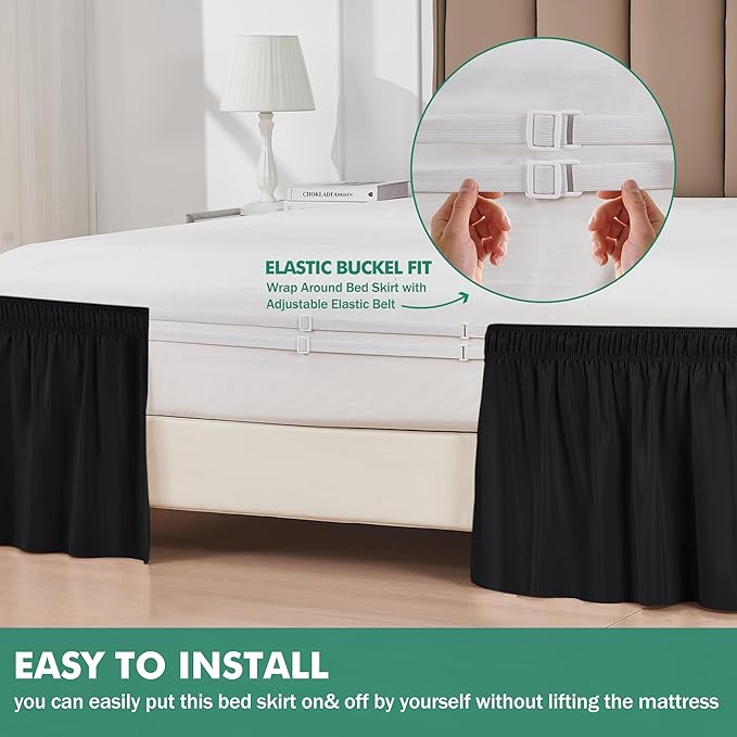 Biscaynebay Wrap Around Bed Skirts with Split Corners for Queen Beds 16" Drop, Black Elastic Dust Ruffles Adjustable Easy Fit Wrinkle & Fade Resistant Silky Luxurious Fabric Machine Washable