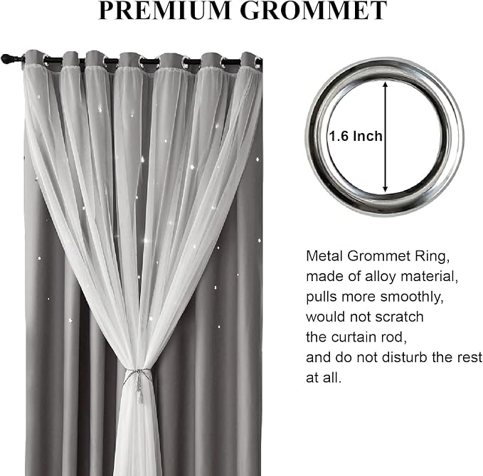 Stars Curtains Double Layer Curtains Blackout Curtains for Bedroom Kids Curtains Cute Curtains Kids Blackout Curtains, Curtains 72 Inches Long 2 Panels Set, Grey Curtains, 52 X 72 Inches