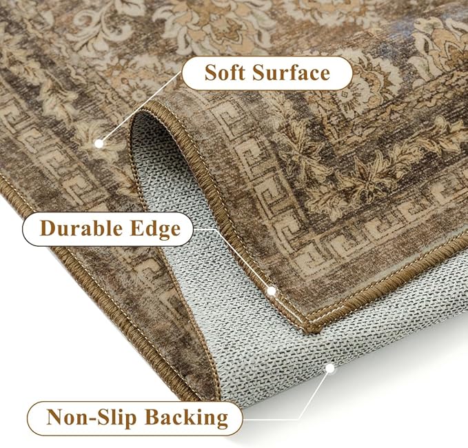 2x6 Runner Rug Brown Vintage Hallway Carpet Indoor Kitchen Washable Living Room Low Pile Traditional Distressed Retro Floral Accent Throw Rug Non Slip Laundry Bathroom Office Dining Room
