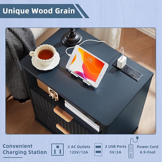 LEYAOYAO 48" Wide Fluted Dresser and 2 Drawers 23" Nightstand Set of 2, Wooden Dresser & Night Stand with Charging Station, 3 Piece Bedroom Furniture Set, Chest of Drawer for Living Room,Blue