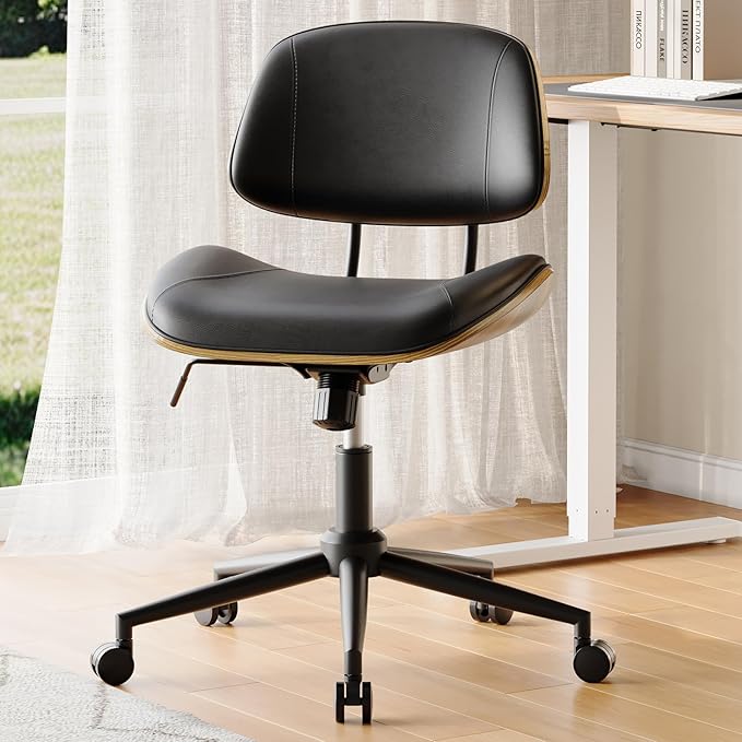 Armless Office Chair with Wheels, PU Leather Adjustable Height Desk Chair - 360° Swivel Ergonomic Computer Chair for Small Space, Modern Walnut Style, Home & Meeting Room, Black