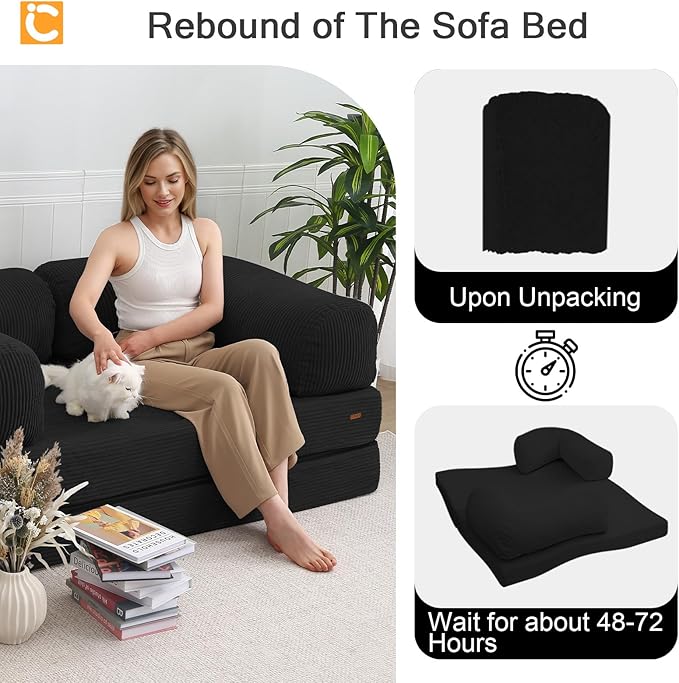 COMAX Folding Sofa Bed Queen 4-in-1 Foldable Floor Couch Convertible Futon Sofa with Armrests Black - Sleeper Mattress Chair Bed Comfy Portable Fold Out Lounge Guest for Living Room Bedroom