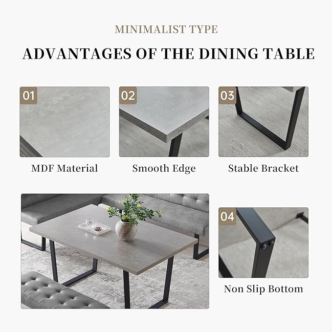 3 Piece Dining Table Set with Bench, 42.9 Inch Modern Kitchen Table with Left Seat Corner and 43.3 Inch Bench for Family Dining Room Furniture