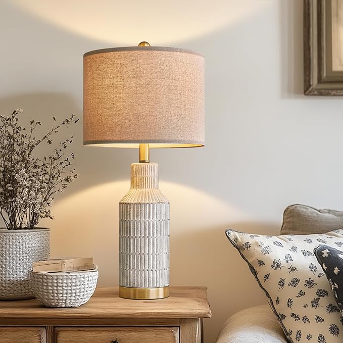 25" Table Lamps Set of 2 - Modern Bedside Lamps for Living Room - White Washed Ceramic Nightstand Lamps for Bedroom