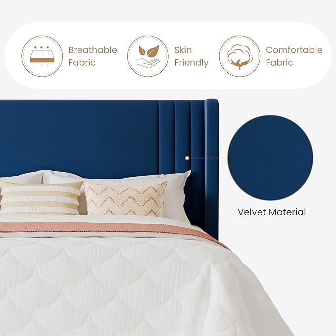 SHA CERLIN Full Size Velvet Upholstered Platform Bed Frame with Vertical Channel Tufted Wingback Headboard, Wooden Slats Support, Easy Assembly, Under Bed Storage, No Box Spring Required, Blue