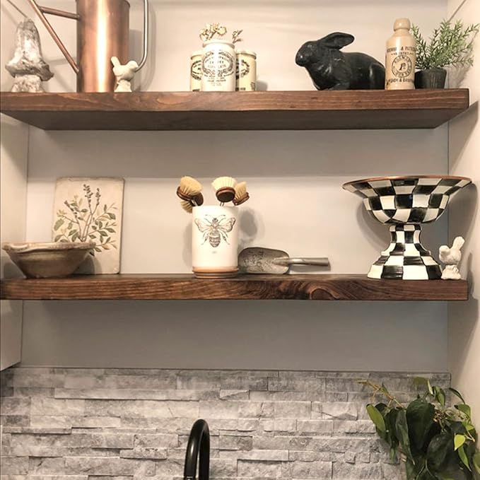 URBANDI, Rustic Floating Shelves, Set of 2, Hidden Bracket, Solid Wood, Heavy Duty, Wall Mounted Shelves, (Provincial, 24Wx8D)