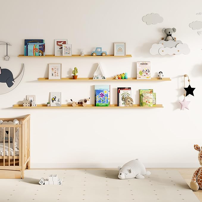 Floating Picture Ledge Shelves for Wall Set of 2, 95 Inches Picture Ledge Shelf with Long Large Nursery Book Shelf for Toys Storage Kids Bookshelf Wall Mounted Living Room Bedroom Decor Frames, Oak
