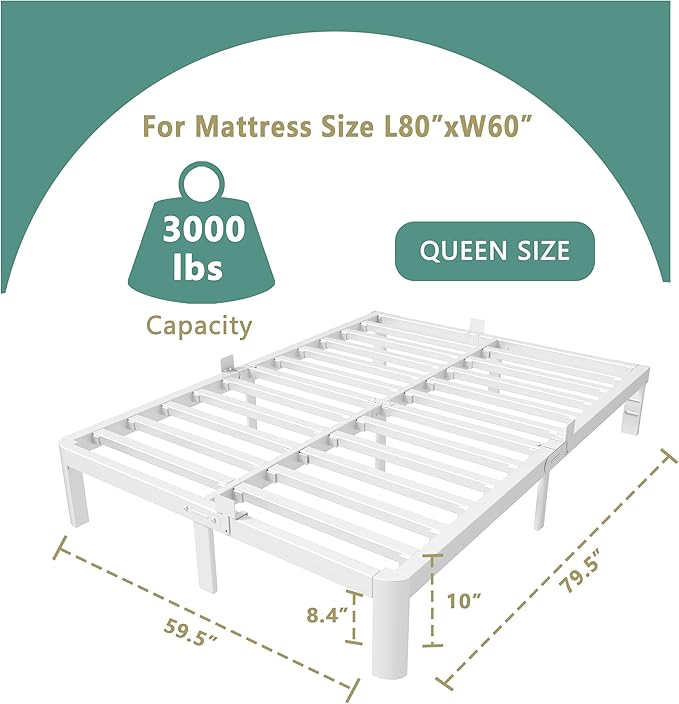 ITIMIDI 10 Inch White Bed Frame Queen, Queen Size Metal Platform Bed Frames with Metal Gaskets, Heavy Duty Steel Support 3000 LBS, No Box Spring Needed, Anti-Slip Mattress Stopper, Easy Assembly
