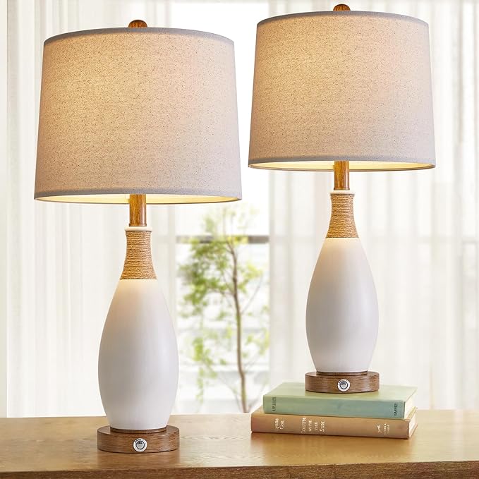 OYEARS 24.5” 3-Way Dimmable Touch Control Bedside Table Lamp Set of 2 with USB and Type-C Charging Ports Modern Farmhouse Nightstand Lamp for Bedroom Living Room (Bulb Included)