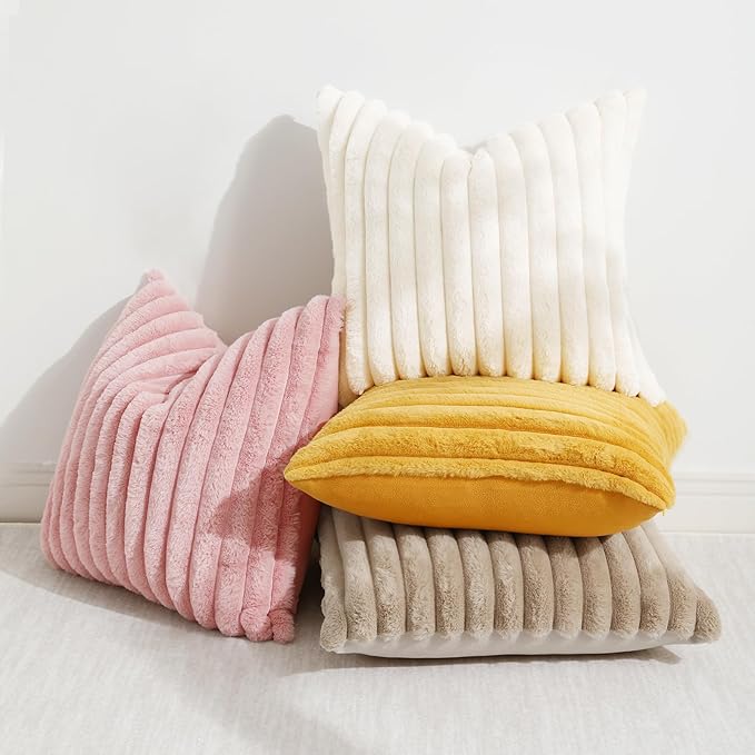 decorUhome Faux Fur Spring Throw Pillow Covers 20x20 Set of 2, Decorative Soft Plush Striped Neutral Couch Pillow Covers with Velvet Back for Sofa, Bed, Living Room Home, Pink