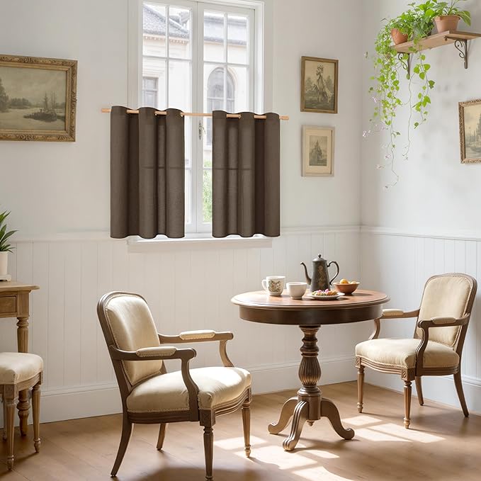 YoungsTex Brown Linen Curtains 36 Inch Length, Short Light Filtering Drapes with Bronze Grommet Privacy for Kitchen Cafe Bathroom Window, 42 x 36 Inch, 2 Panels