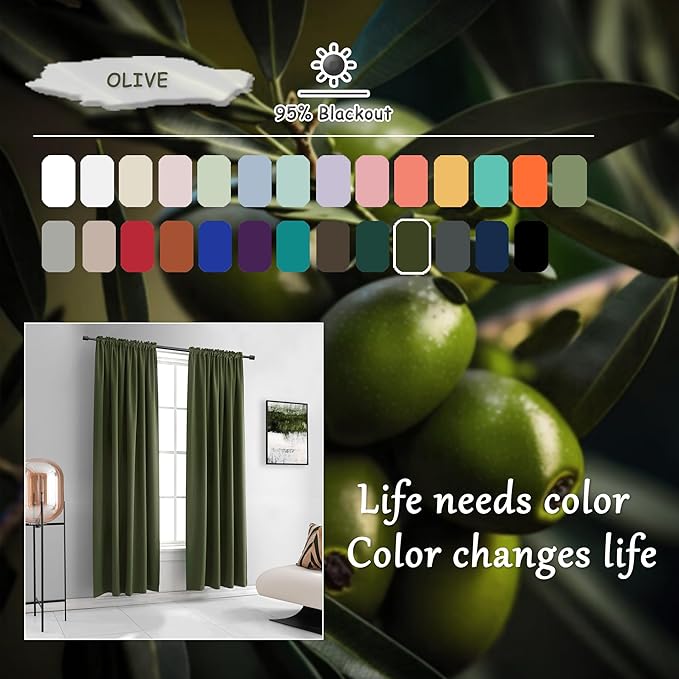 DONREN Dark Olive Green Blackout Curtains for Classical Dining Room Kitchen Bathroom Deco - Loden Room Darkening Thermal Insulated Window Curtain Panels for Bedroom,Set of 2 Panels,W 52 x L 63