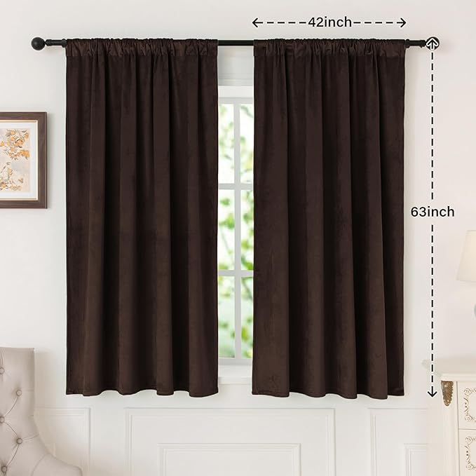 nanbowang Coffee Brown Velvet Curtains - 42 Inches Width 63 Inches Long Soft Curtain Rod Pocket Thermal Insulated Window Treatment for Bedroom 2 Panels