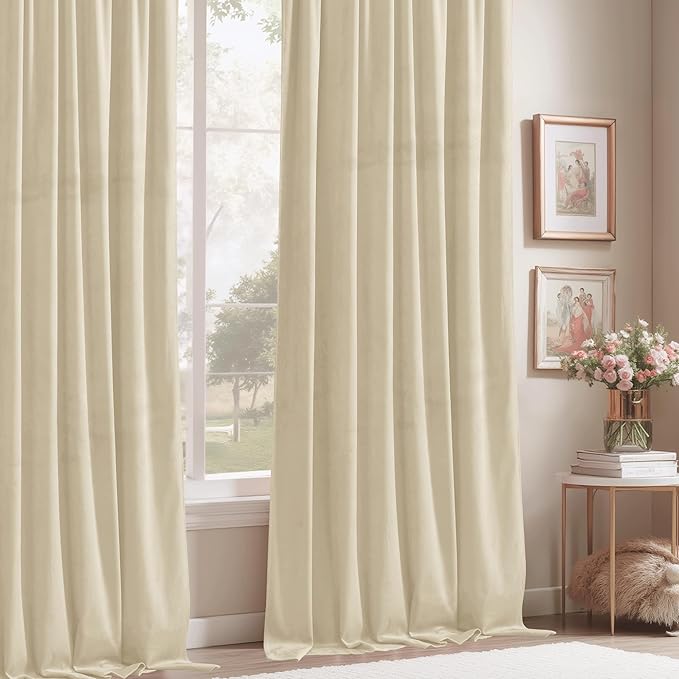StangH 90 inches Beige Curtains for Nursery Bedroom Soft Velvet Light Dimming Privacy Window Drapes Elegant Home Decor for Laundry/Office/Dining Room, W42 x L90, 2 Panels