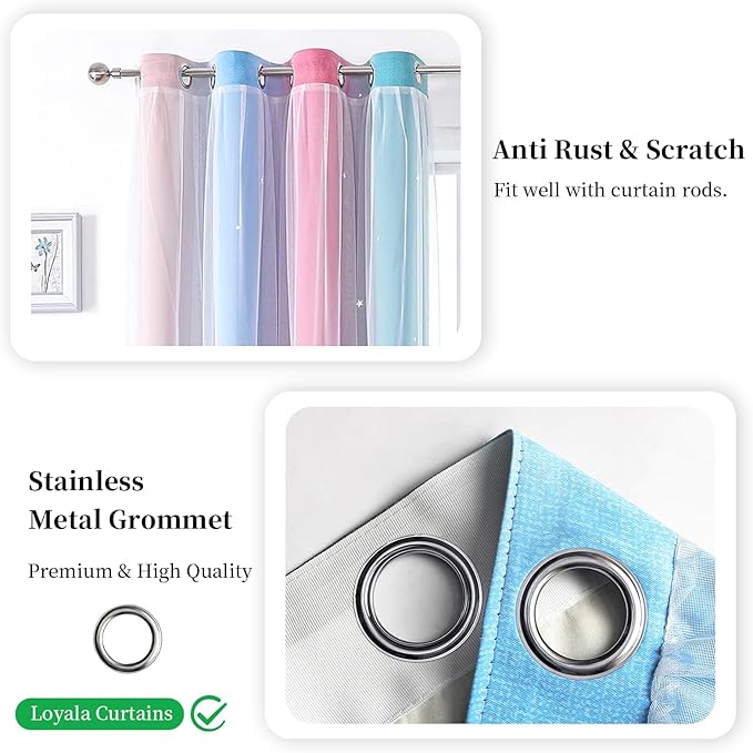 Star Curtains - Blackout & Rainbow Bedroom Curtains, 96 Inch Long, 2 Panels, Beige, Blue & Pink