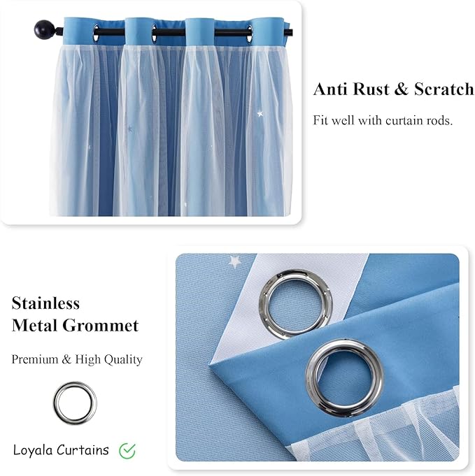 Star Curtains for Living Room Drapes for Bedroom Blackout Curtains for Bedroom Kids Curtains Double Layer Curtains Curtains 96 Inches Long 2 Panels Set, Blue Curtains, 52 X 96 Inches