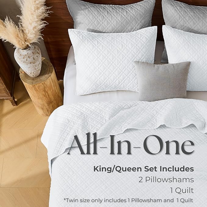 King Quilt Set with Shams Lightweight Quilted Bedspread Coverlet Thin Comforter Bed Cover Vintage Washed Quilted Blanket for All Season, Brushed Microfiber Diamond Stitching, White, 104"x92"