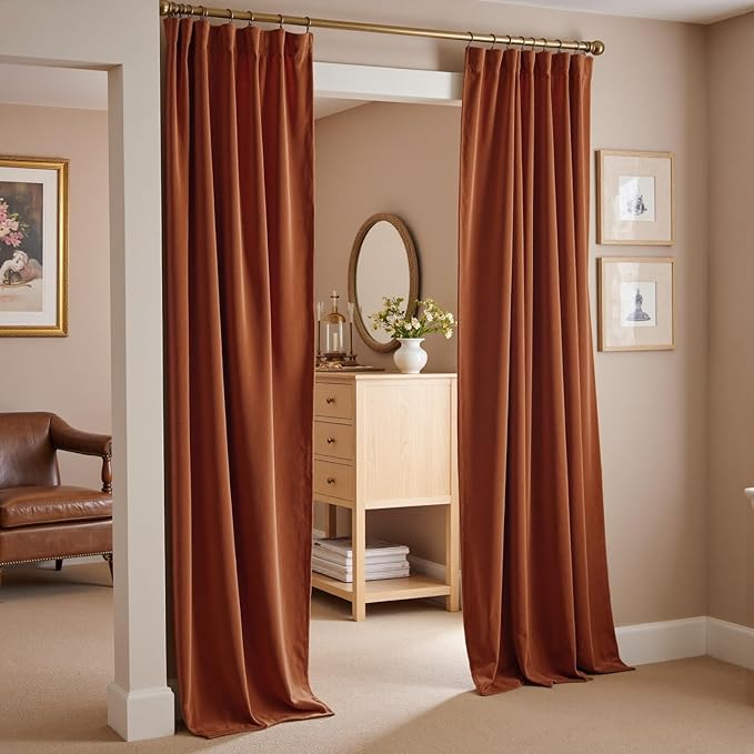 Lazzzy Burnt Orange Blackout Velvet Curtains 96 Inches Long Thermal Insulated Room Darkening Curtain Drapes Luxury Back Tab Window Treatments for Bedroom Living Room 2 Panels, 52 x 96 Inch, Caramel