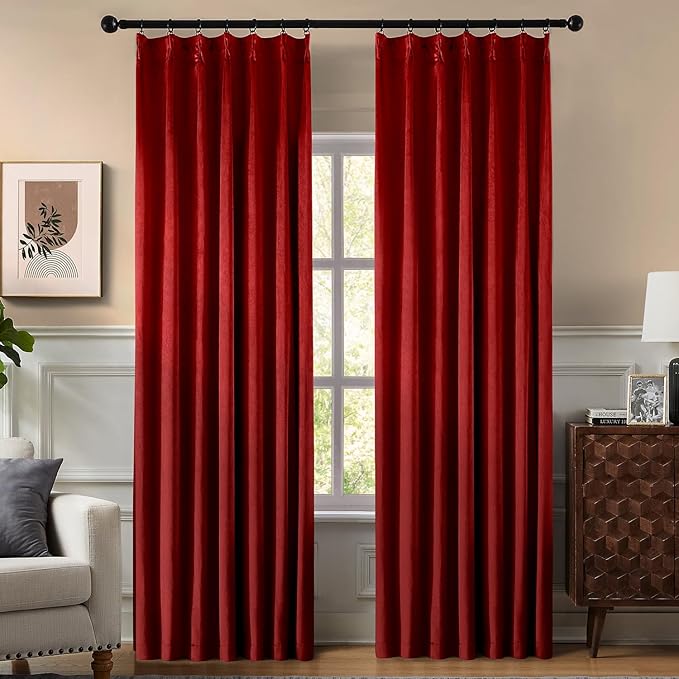 Pinch Pleated 100% Blackout Curtains for Bedroom, Red Velvet Curtains for Living Room, Black Out Curtain 102 inch Long Room Darkening, Blackout Pinch Pleat Drapes with Hooks 2 Panels