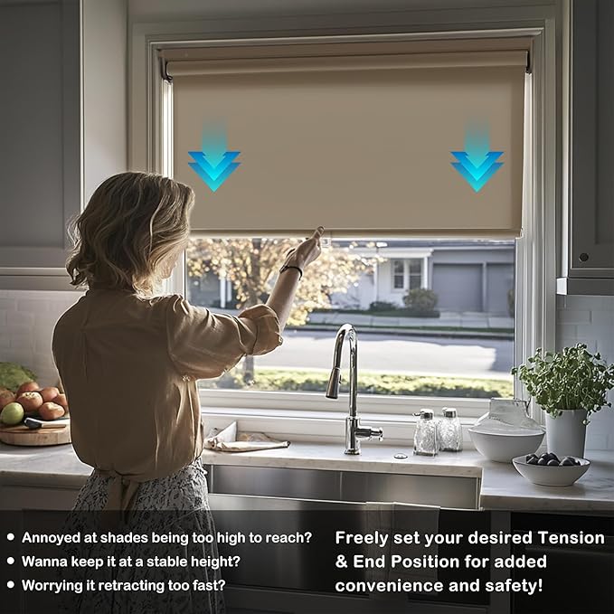 HESTIA No Drill Cordless Blackout Roller Shades Screwless Waterproof Shower Window Blinds, Auto-Retraction Easy Install Blind for Bathroom/Kitchen/Office/Exterior, Greige, 30" W x 72" H