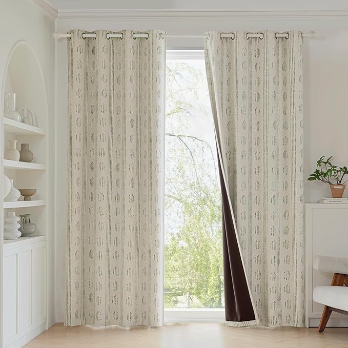 100% Boho Blackout Curtains 63 Inches Long for Bedroom, Green on Beige Patterned Bohemian Curtains for Living Room, Geometric Striped Thermal Insulated Window Drapes Gromment Top 2 Panels