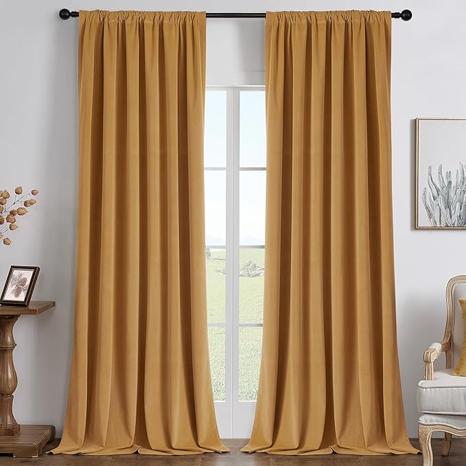 Joydeco Mustard Yellow 100% Blackout Curtains 72 Inch 2 Panels, Luxury Thermal Yellow Velvet Curtains for Bedroom Living Room, Soundproof Blackout Window Drapes, Rod Pocket & Back Tab (52W x 72L)