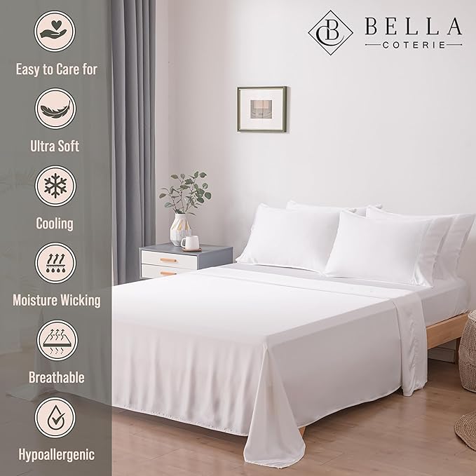 Bella Coterie 7 Piece Luxury Bamboo Viscose Split King Size Sheet Set | 2 Fitted Sheets for Adjustable Beds | 100% Organically Grown | Cooling for Hot Sleepers | 4 Pillowcases [White]