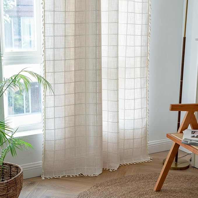 Sutuo Home Boho Curtains for Kitchen Kid's Room 72 Inch Length,Bohemian Farmhouse Vintage Chic Beige Tassels Linen Light Filtering Window Treatment Drape, 1 Panel 52" W x 72" L, Light Coffee Plaids