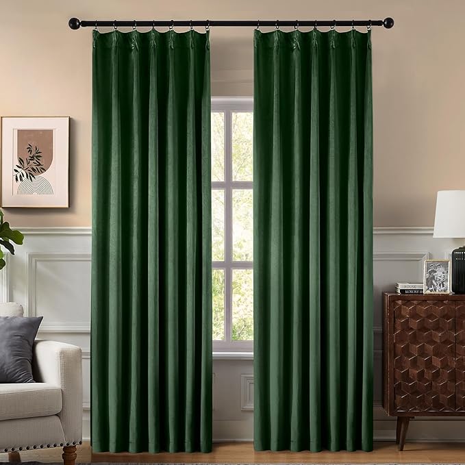 Pinch Pleated 100% Blackout Curtains for Bedroom, Olive Green Velvet Curtains for Living Room, Black Out Curtain 96 inch Long Room Darkening, Blackout Pinch Pleat Drapes with Hooks 2 Panels