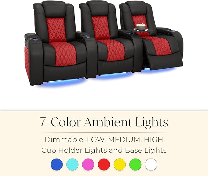 Seatcraft Diamante Zero-Gravity CoolZero Italian Leather Home Theater Seating, Power Headrest, Power Recline, Row of 5 Right Loveseat, Black/Red
