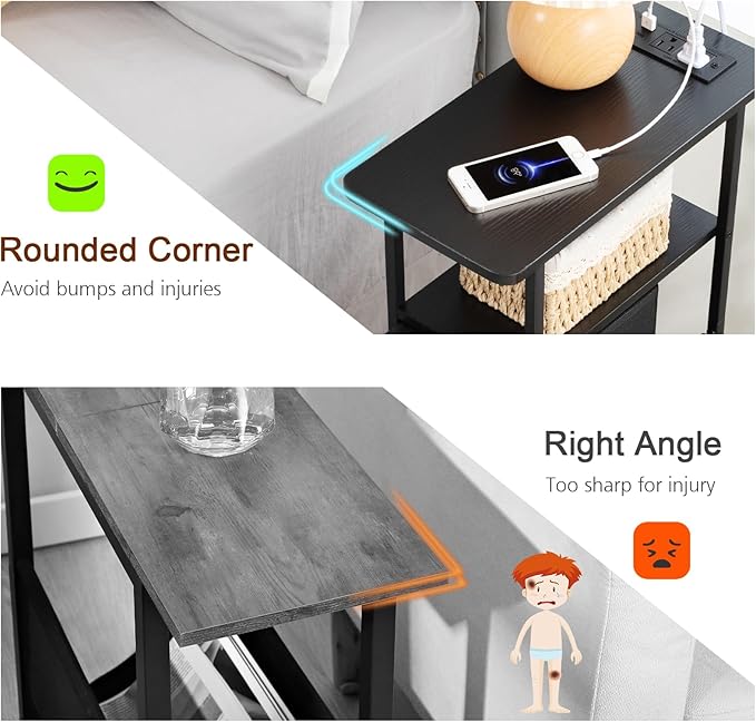 LOAKEKEL Narrow End Table Living Room with Charging Station, Skinny Side Table with Fabric Drawers, Slim Nightstand for Bedroom, Small Spaces, Couch, Black, HETNDP03BK-1