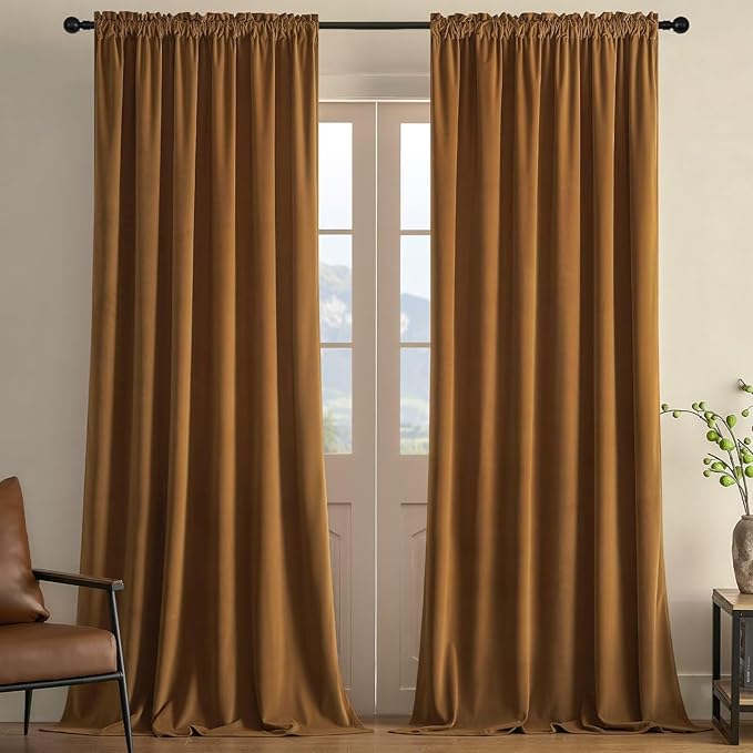Joydeco Camel Brown Velvet Curtains 90 inch Length 2 Panels, Luxury Blackout Rod Pocket Thermal Insulated Window Curtains, Super Soft Room Darkening Drapes for Living Room Bedroom,W52 x L90 inches