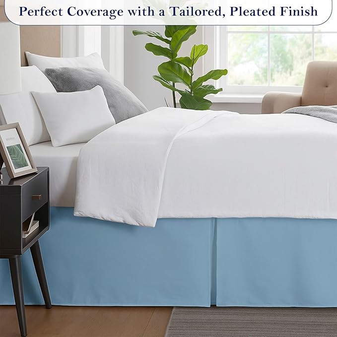 Twin Bed Skirt, Luxury 18 Inch Drop Light Blue Pleated Bed Skirt, Double Brushed Microfiber, Box Pleat Design, Wrinkle & Fade Resistant, Easy Fit Tailored Bedskirt for Twin Size Beds