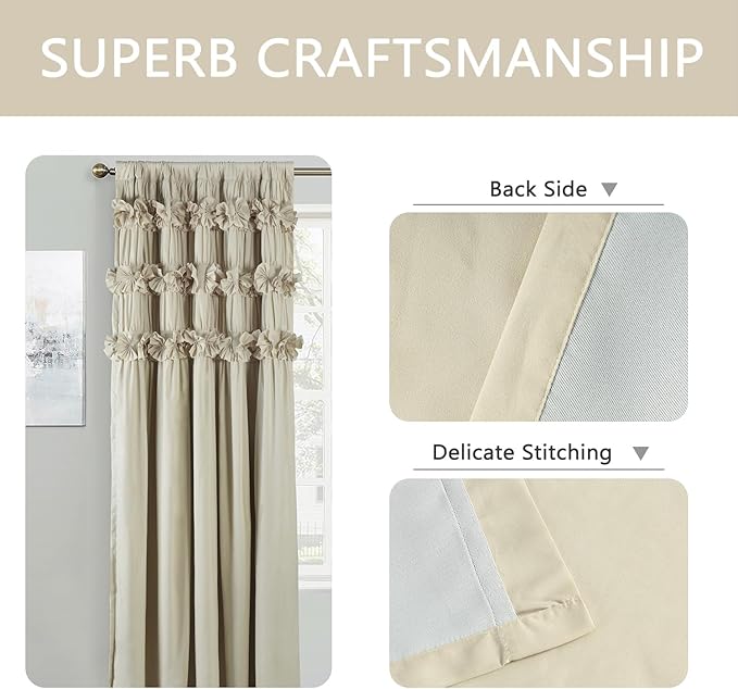 Camel Blackout Curtains with Handmade Ruffles, 52" W x 96" L x 2 Panels, Butterfly Flower Embellishments for Thermal Insulated Room Darkening Drapes, Rustic Rod Pocket Drapes (LQ-37)