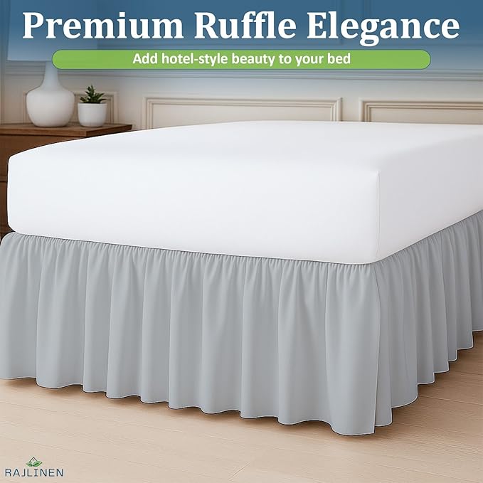 Rajlinen Ruffled Bed Skirt Full, 14 Inch Drop Dust Ruffle with Split Corners, 100% Microfiber Bedskirt with Platform, Three-Sided Coverage Ruffled Gathering Design, Light Grey