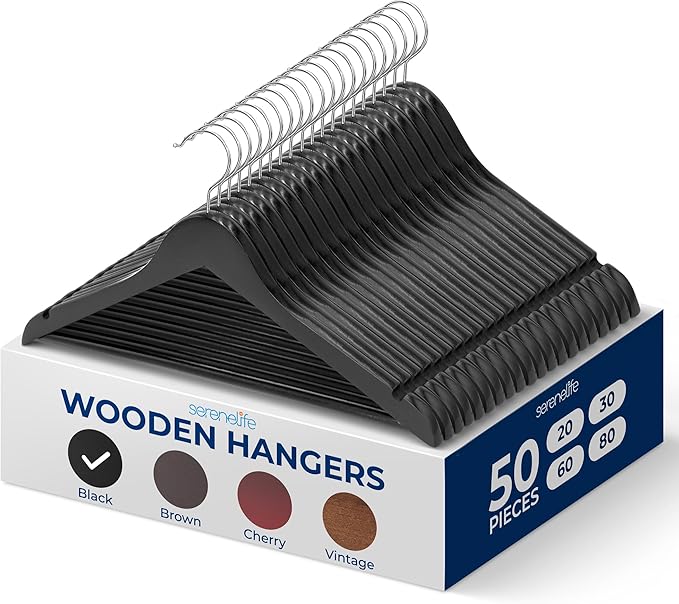 SereneLife 50-Pack Wooden Coat Hangers – Durable Suit Hangers with 360° Swivel Hook & Notches – Slim Design for Shirts, Jackets, Dresses, and More (Black)