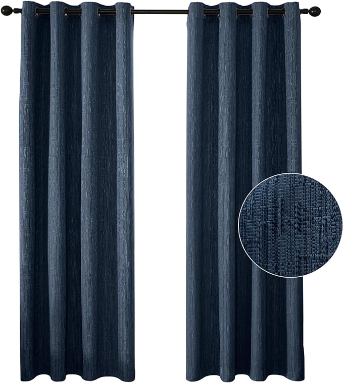 Jacquard Linen Curtains 108 inch Length 2 Panels Thick Faux Linen Blended Window Drapes Burlap Textured Curtains with Grommet for Living Room Bedroom Farmhouse (52x108 Navy) Natural