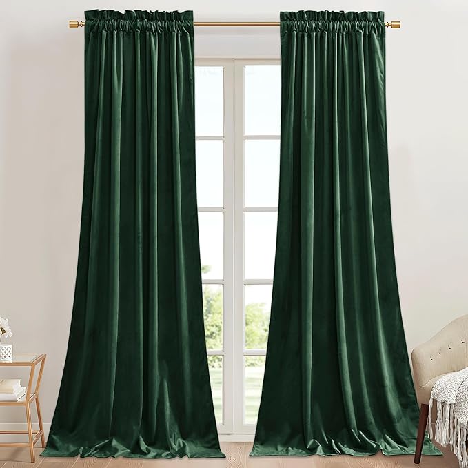 StangH Luxury Green Curtains Velvet Blackout Bedroom Window Drapes 90 inches, Dark Green Christmas Home Decor for Living Room/Bathroom/Patio Sliding Door, W62 x L90, 2 Panels
