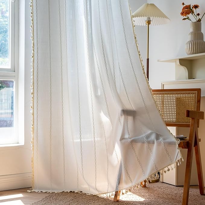 Sutuo Home Boho Curtains for Bedroom 63 Inch Length, Light Filtering Country Farmhouse Vintage Shabby Chic Tassels Window Treatment Bohemian Embroidery Drape, Rod Pocket 1 Panel 52" W x 63" L, White