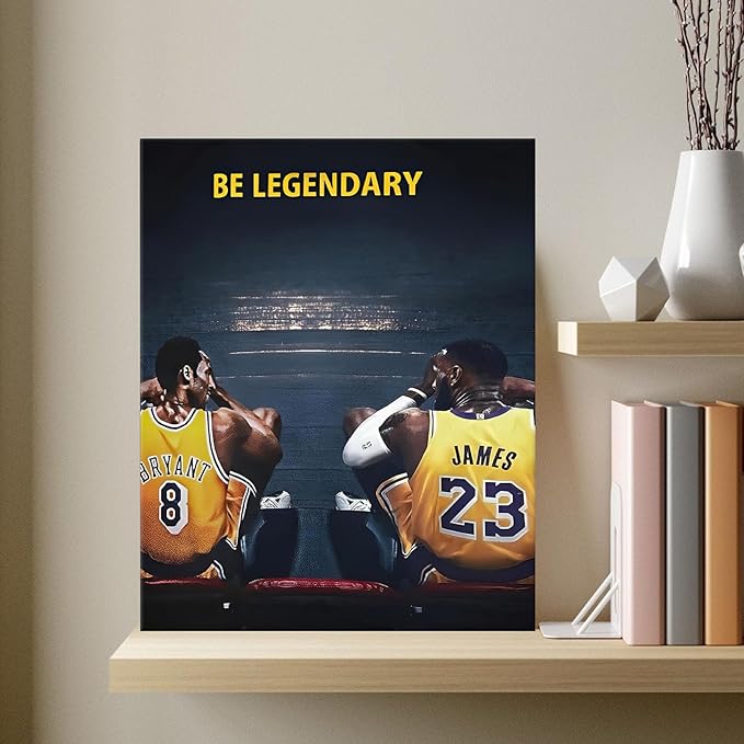 Kobe Bryant and LeBron James Canvas Wall Art Print Poster, Be Legendary Inspirational Sports Picture Artwork, Motivational Mamba Mentality Wall Decor for Home Office Gym Living Room, Framed 8x10inch