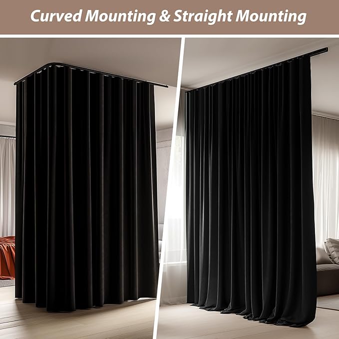 Room Divider Curtains with Ceiling Curtain Track Set Window Curtain for Bedroom,Living Room Total Blackout Thermal Insulated Privacy Ceiling Track Curtain W 9 × H 6 FT Black drape&Black track